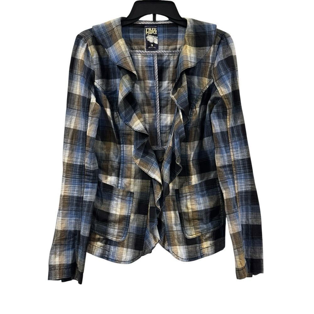 Free People Liberty Ruffle Plaid Open Jacket Blazer Women’s Size 6